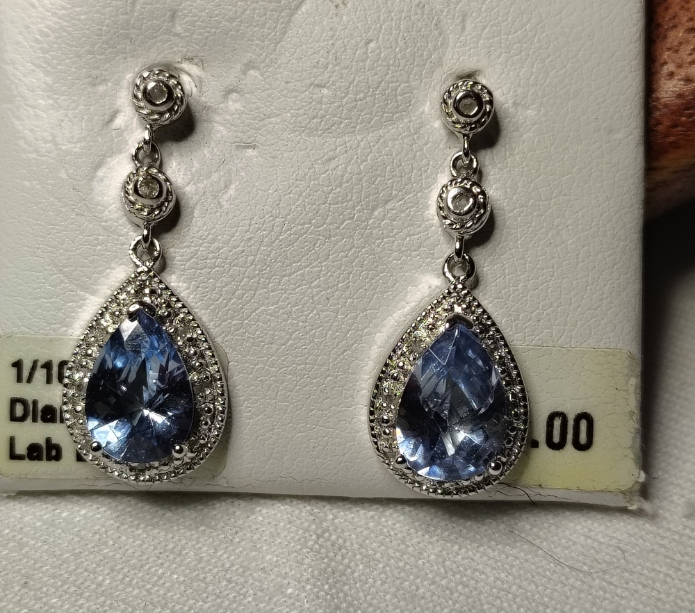 💎Sterling Silver w/ Lab Blue Diamond 1/10 CTTW Stud Dangle Earrings